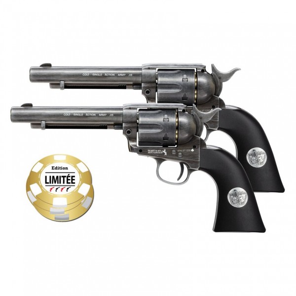 -20%- ENSEMBLE DUEL DEUX REVOLVERS COLT SAA DOUBLE ACES BB/4.5 MM 3J EDITION LIMITEE