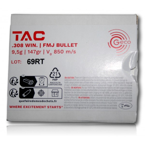 MUNITION GECO TAC 308WIN FMJ 9.5GR/147GRAINS
