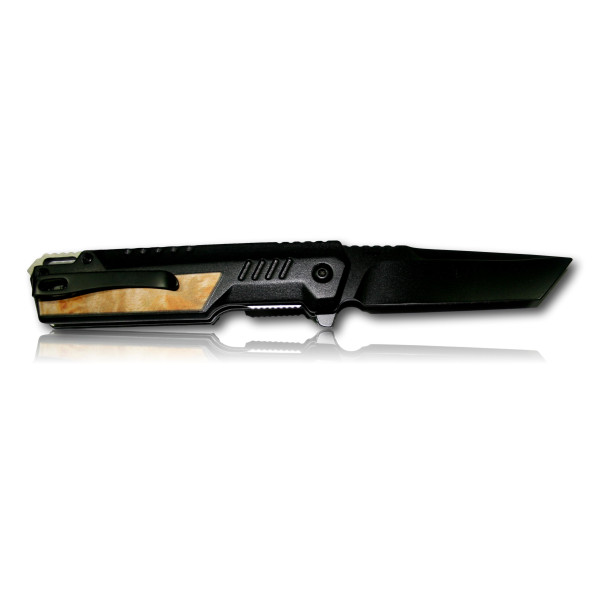 COUTEAU OUVERTUR ASSISTEE NOIR ET IMPRESSION BOIS LAME DROITE 8CM 306