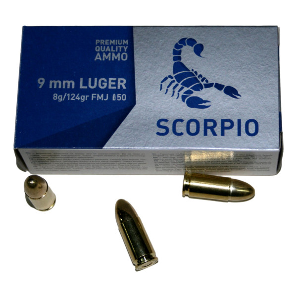 MUNITIONS STV SCORPIO 9MM LUGER 124 GRAINS FMJ BOITE DE 50