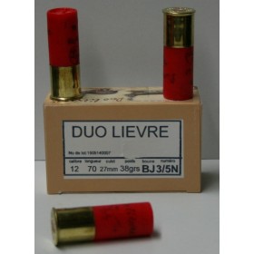 CARTOUCHE JOCKER DUO LIEVRE 38GR CAL. 12/70 BOURRE JUPE PLOMBS DE 3+5 NICKELE X10